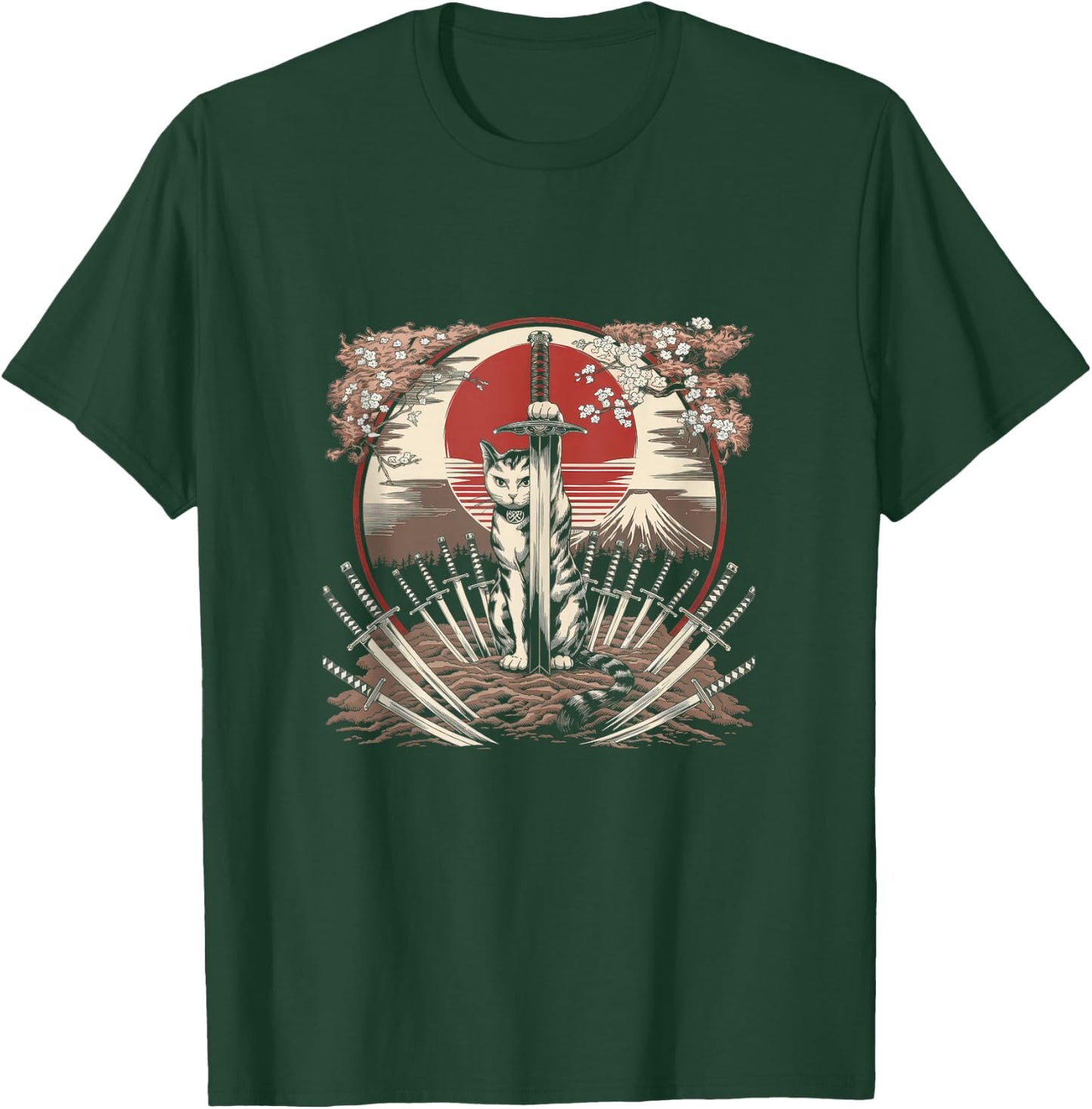 Samurai Cat Vintage Ukiyo-e Warrior Kanji Japan Anime Ink T-Shirt - T-Shirt | Forest