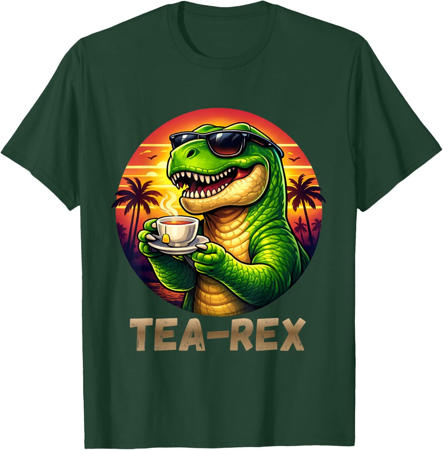 Tea Rex Funny Dinosaur Tropical Sunset T-Shirt - T-Shirt | Forest