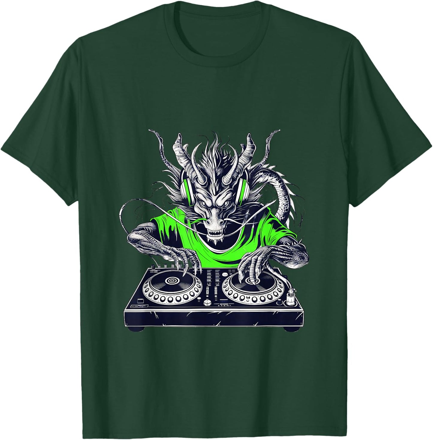 Retro vintage Rave music Festival cool dragon DJ lime green T-Shirt - T-Shirt | Forest
