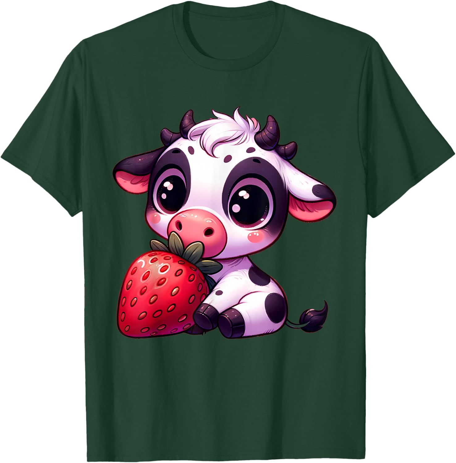 Cute Cow Eating Strawberry Kawaii Farm Animal Men Women Kids T-Shirt - T-Shirt | Forest