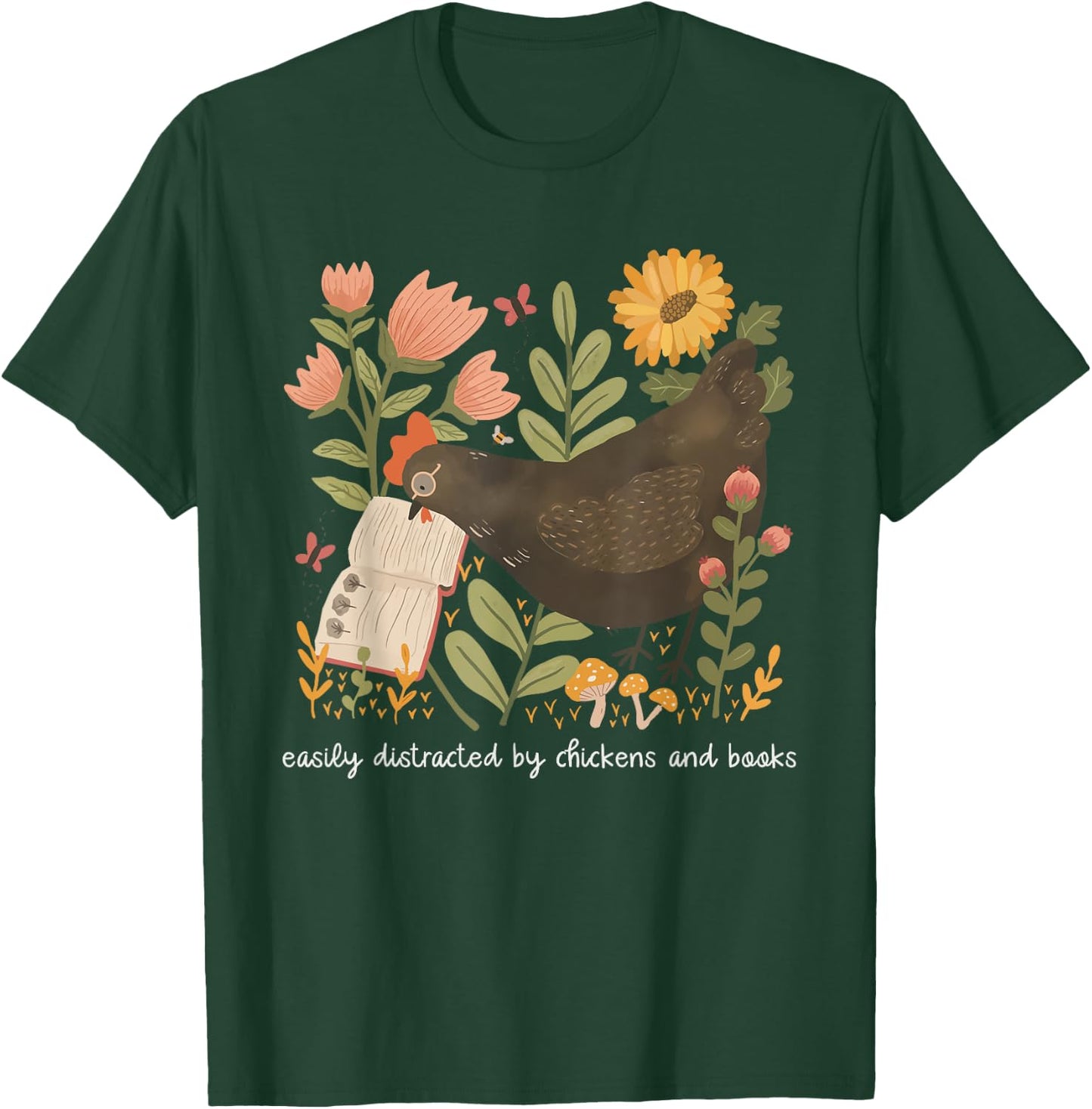 Easily Distracted By Chickens And Books Chicken Book Lover T-Shirt - T-Shirt | Forest