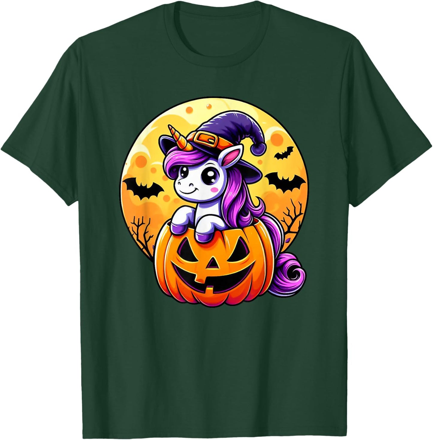 Halloween Cute Unicorn Witch Hat Pumpkin Funny For Kid Girl T-Shirt - T-Shirt | Forest