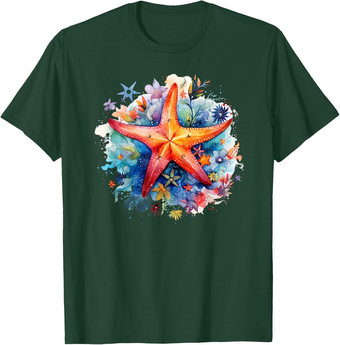 Ocean Themed Beach Vacation Graphic Sea Watercolor Starfish T-Shirt - T-Shirt | Forest