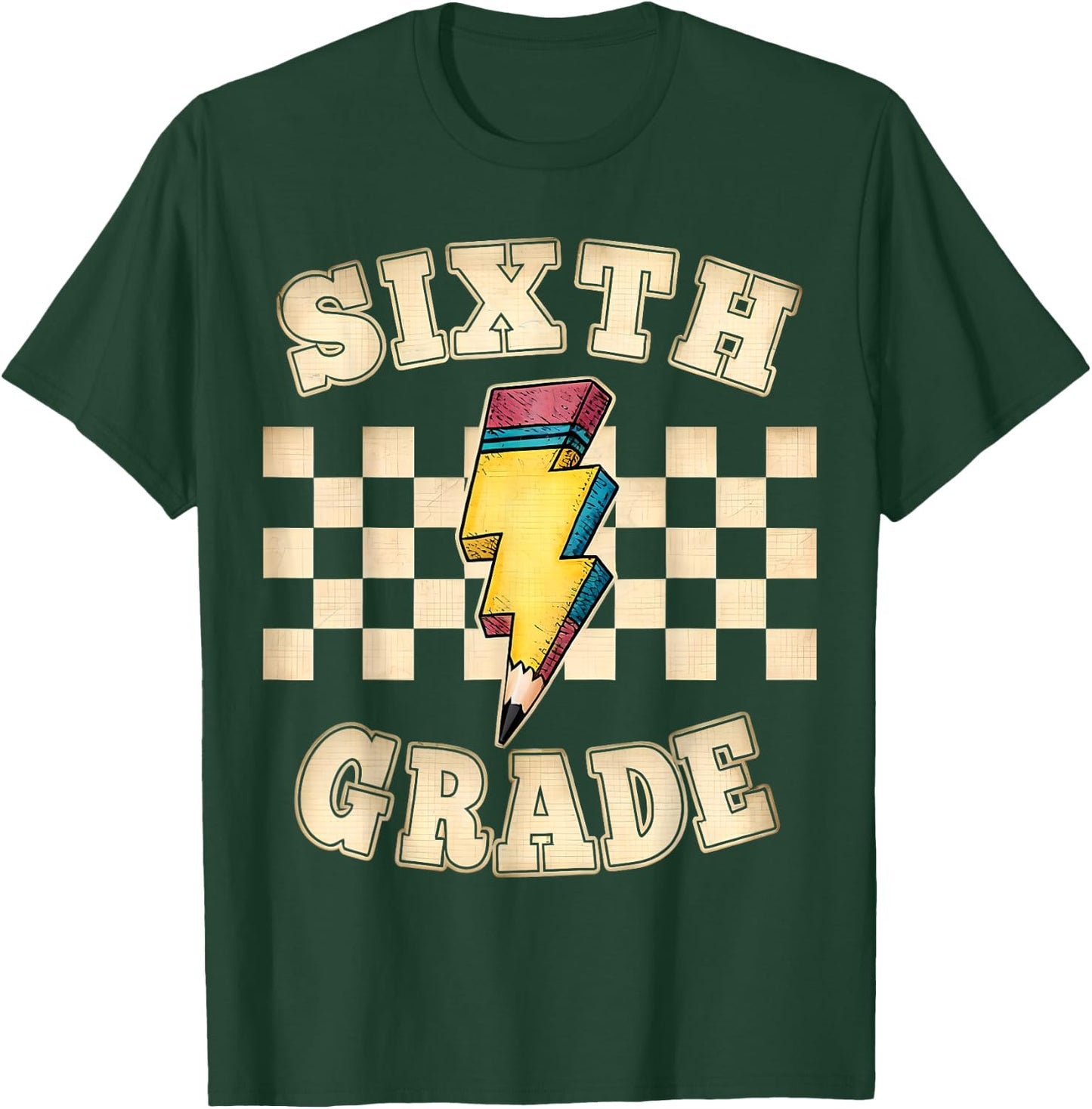 Retro 6th Sixth Grade Teacher Lightning Bolt Pencil Teacher T-Shirt - T-Shirt | Forest