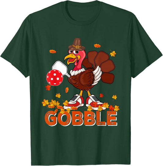 Vintage Gobble Thanksgiving Turkey Playing Pickleball Player T-Shirt - T-Shirt | Forest