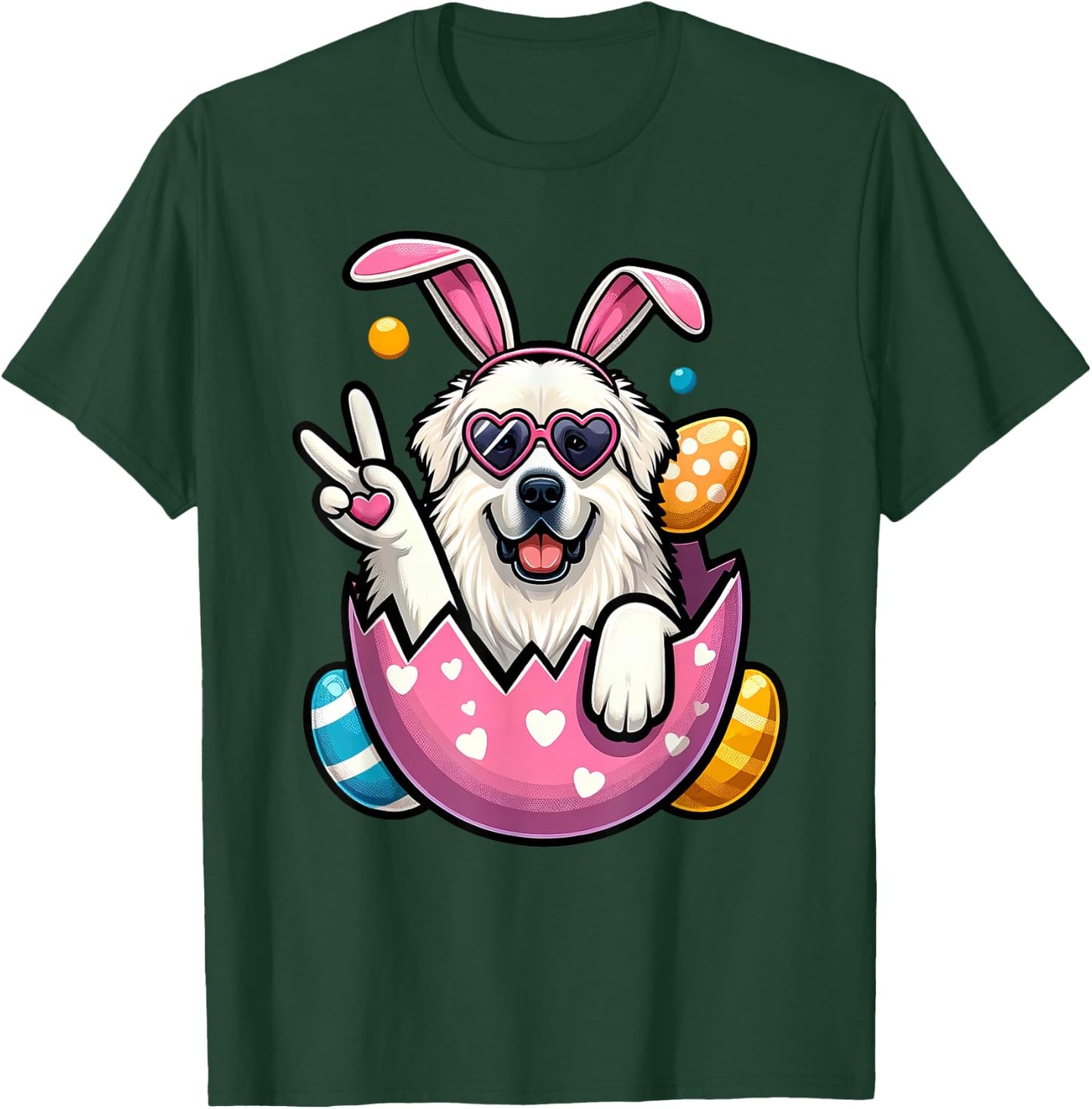Peace Sign Hand Great Pyrenees Bunny Kids Easter T-Shirt - T-Shirt | Forest