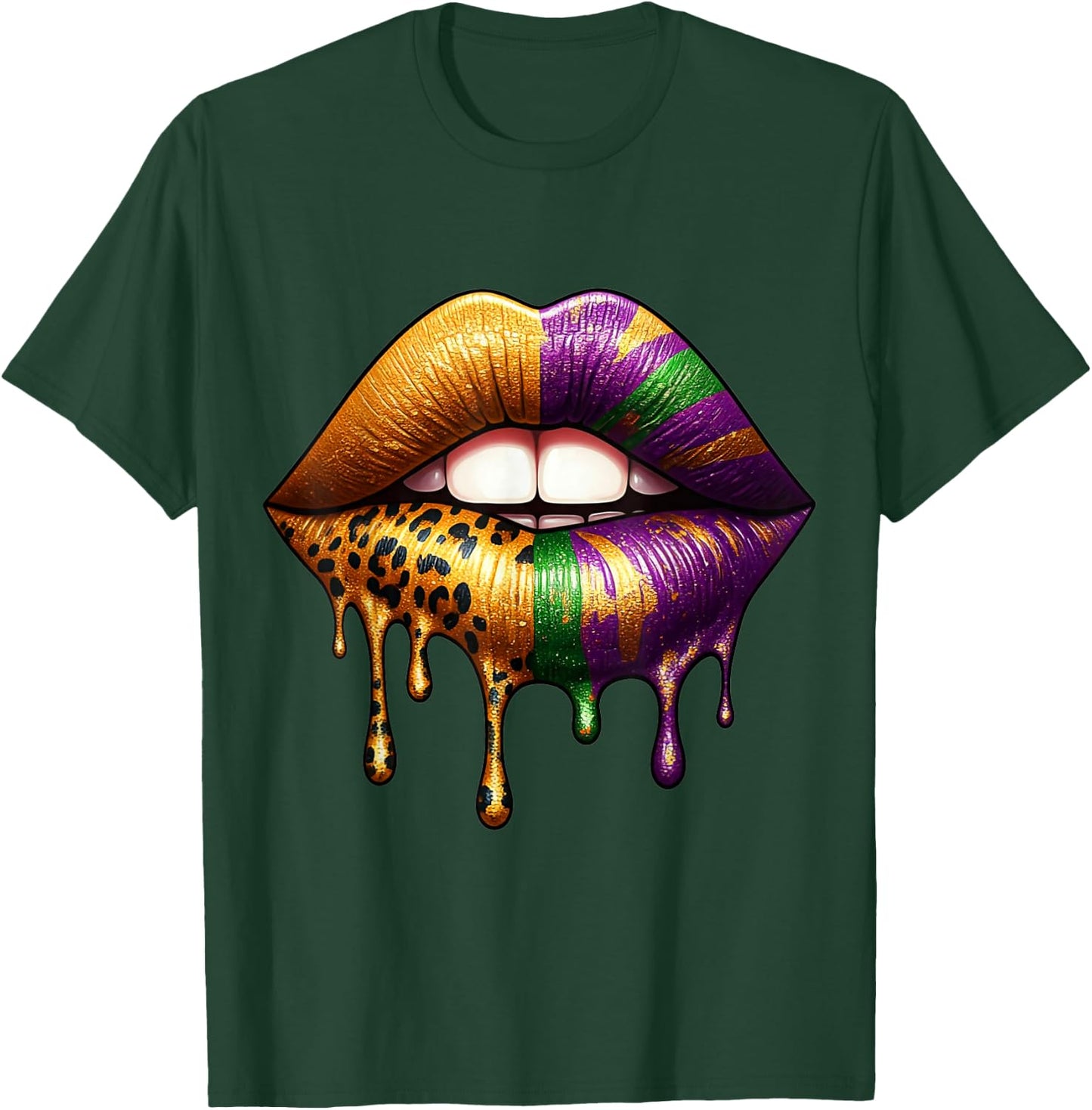 Eye-Catching Glossy Dripping Gold Leopard Print Lips T-Shirt - T-Shirt | Forest