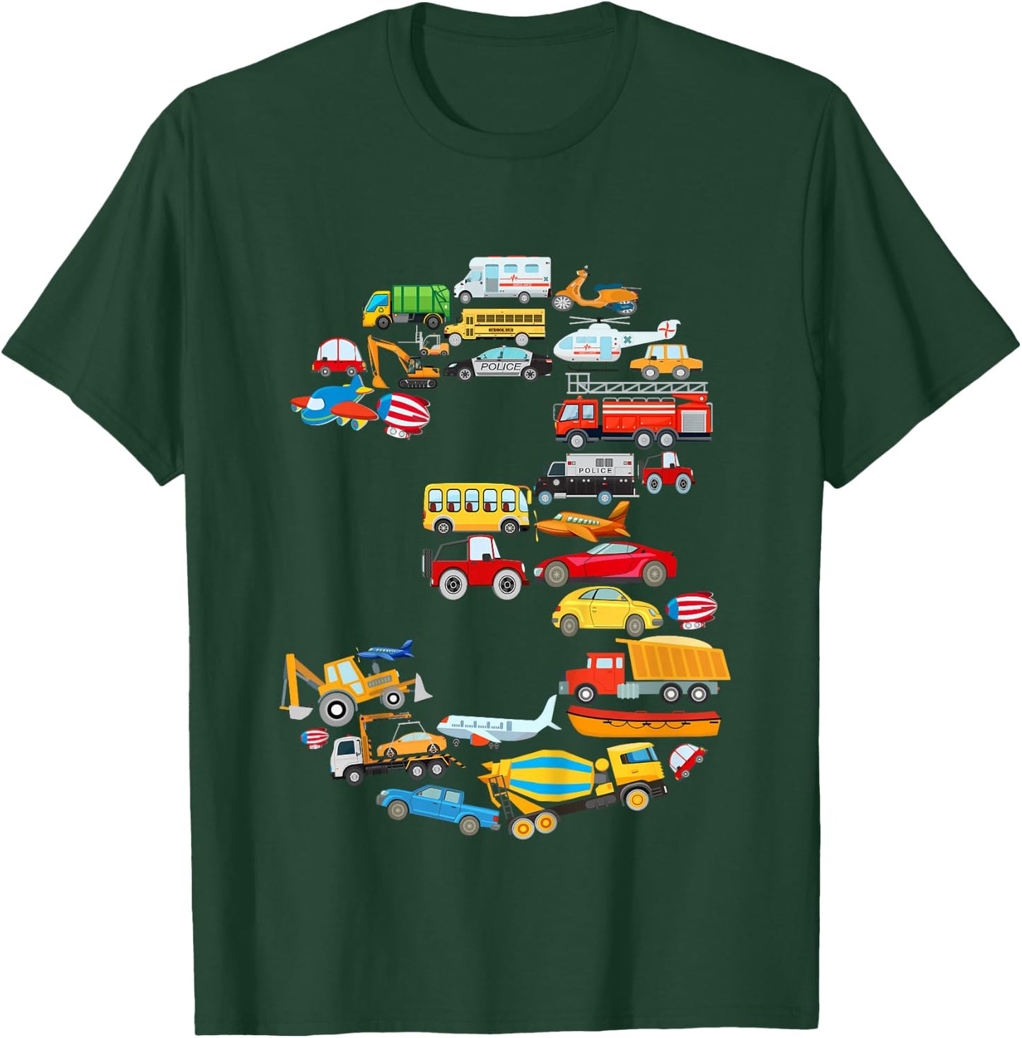 Boys 3rd Birthday Cars Vehicles Fire Engine T-Shirt - T-Shirt | Forest