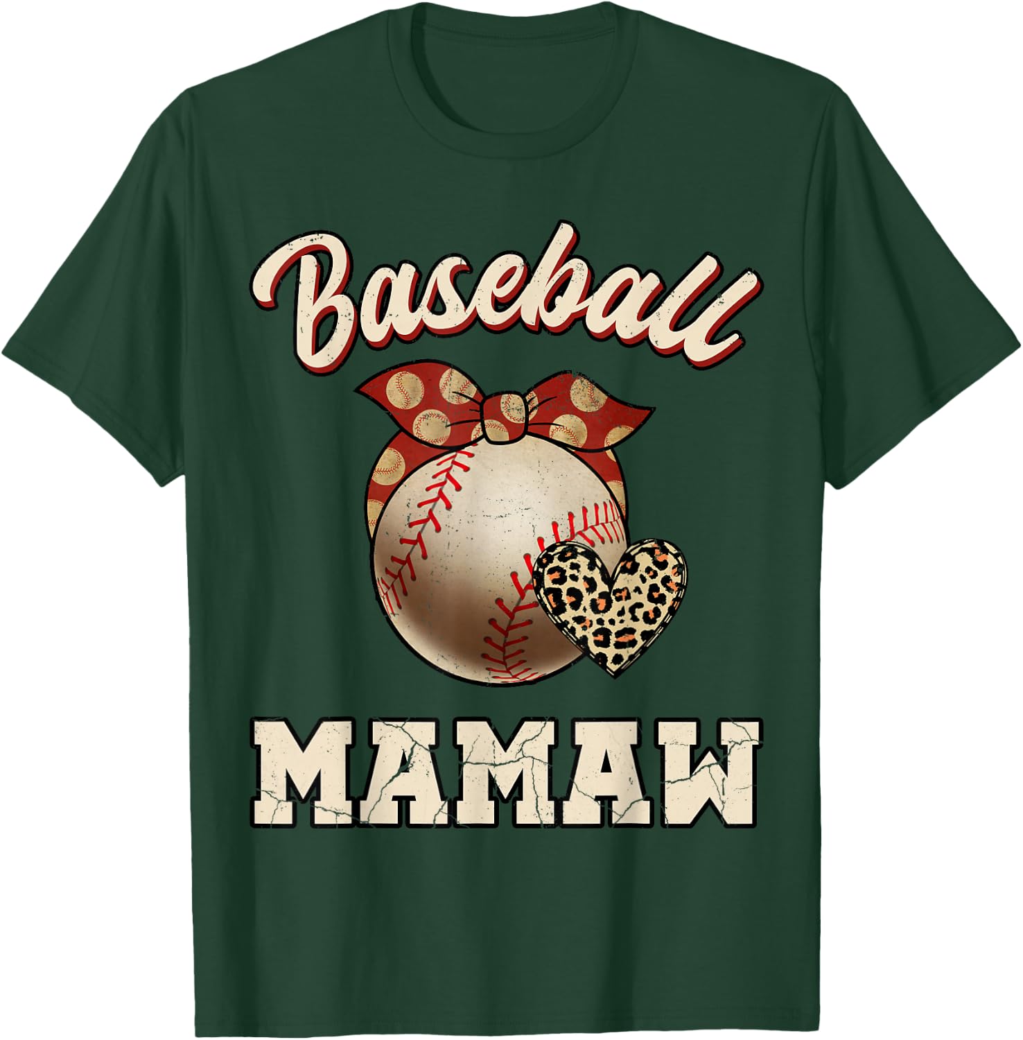Baseball Mamaw Bandana Leopard Heart Fans Mother's Day T-Shirt - T-Shirt | Forest