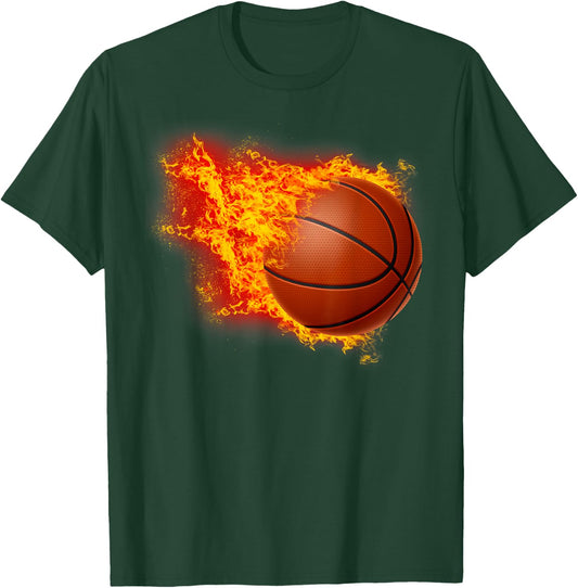 Basketball Hoop Fire Flames Ball Graphic T-Shirt - T-Shirt | Forest