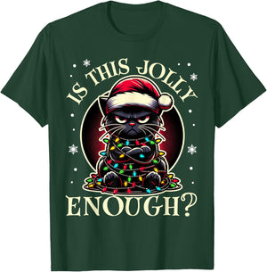 Is This Jolly Enough Funny Black Cat Christmas Tree Lights T-Shirt - T-Shirt | Forest