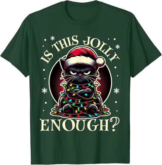 Is This Jolly Enough Funny Black Cat Christmas Tree Lights T-Shirt - T-Shirt | Forest