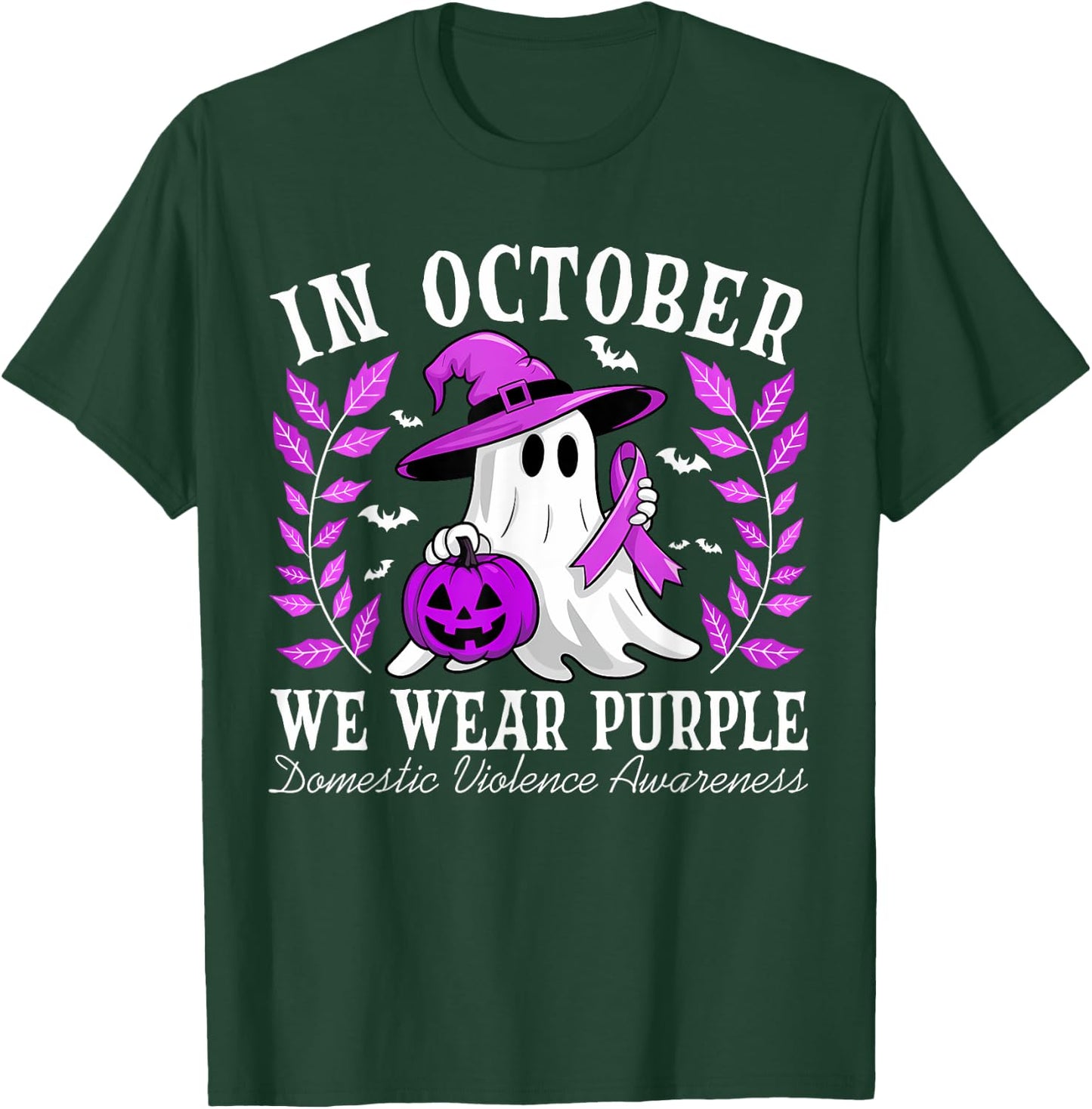 In October We Wear Purple Domestic Violence Ghost Halloween T-Shirt - T-Shirt | Forest