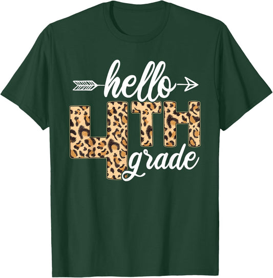 Hello 4th Fourth Grade Leopard Back To School Teacher Kid T-Shirt - T-Shirt | Forest