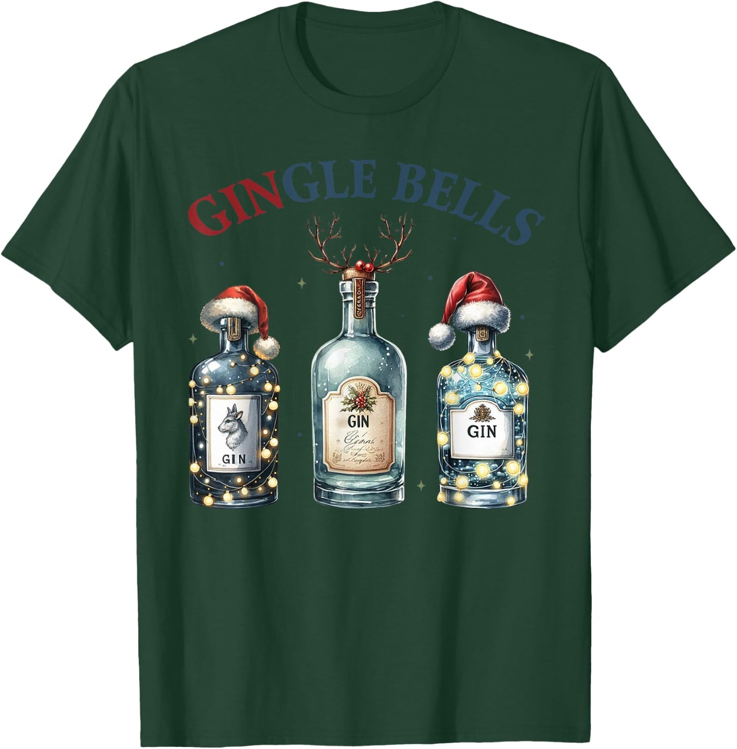 Christmas Gin Bottles with Christmas Hat Funny Gin T-Shirt - T-Shirt | Forest