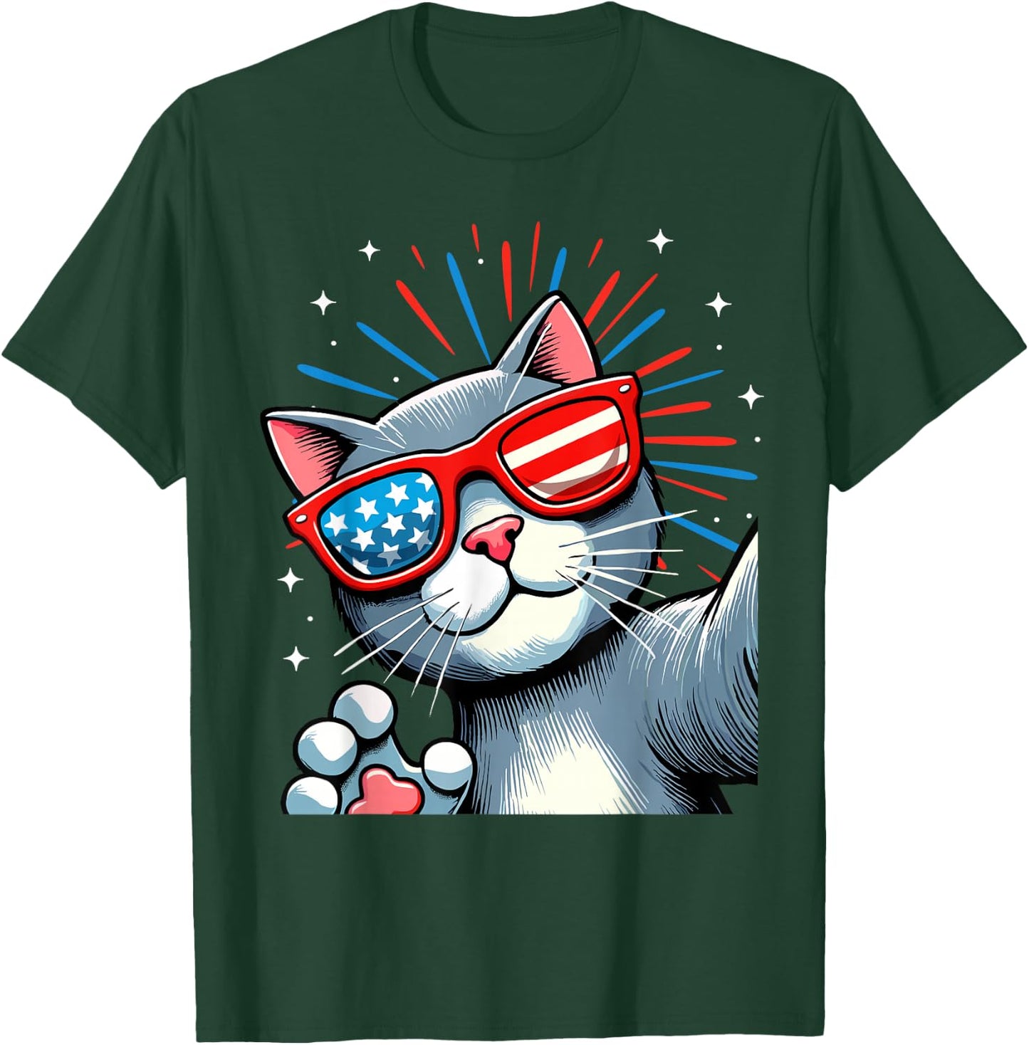 Cat Selfie with Fireworks American Flag 4th Of July Women Kids Men T-Shirt - T-Shirt | Forest