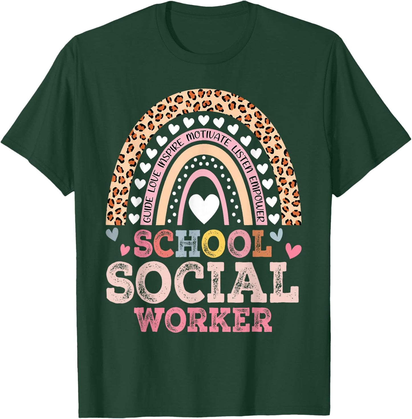 School Social Worker Rainbow Leopard Print Funny Social Work T-Shirt - T-Shirt | Forest