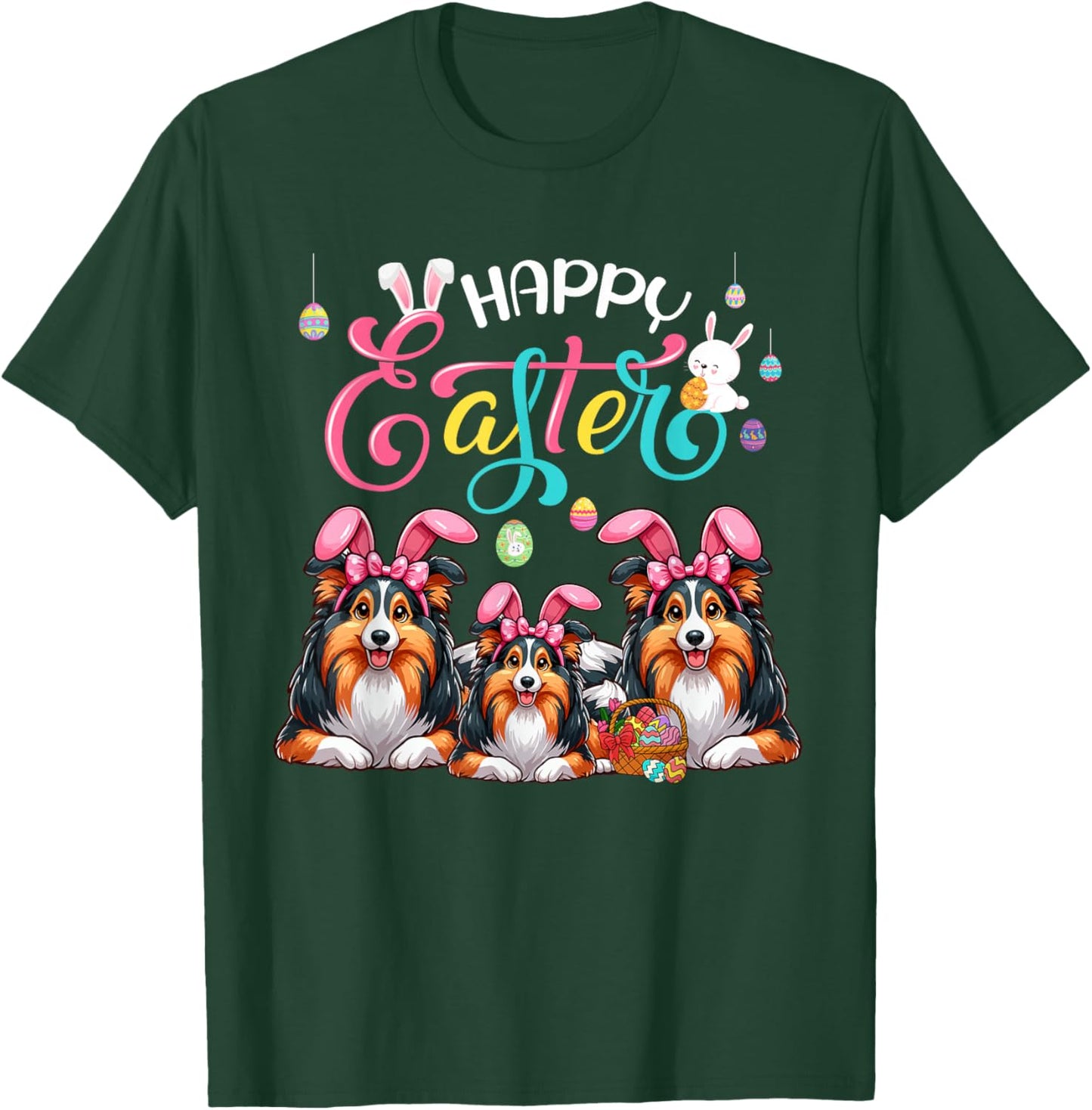 Happy Easter Three Cute Sheltie Cosplay Bunny Costume Kid T-Shirt - T-Shirt | Forest