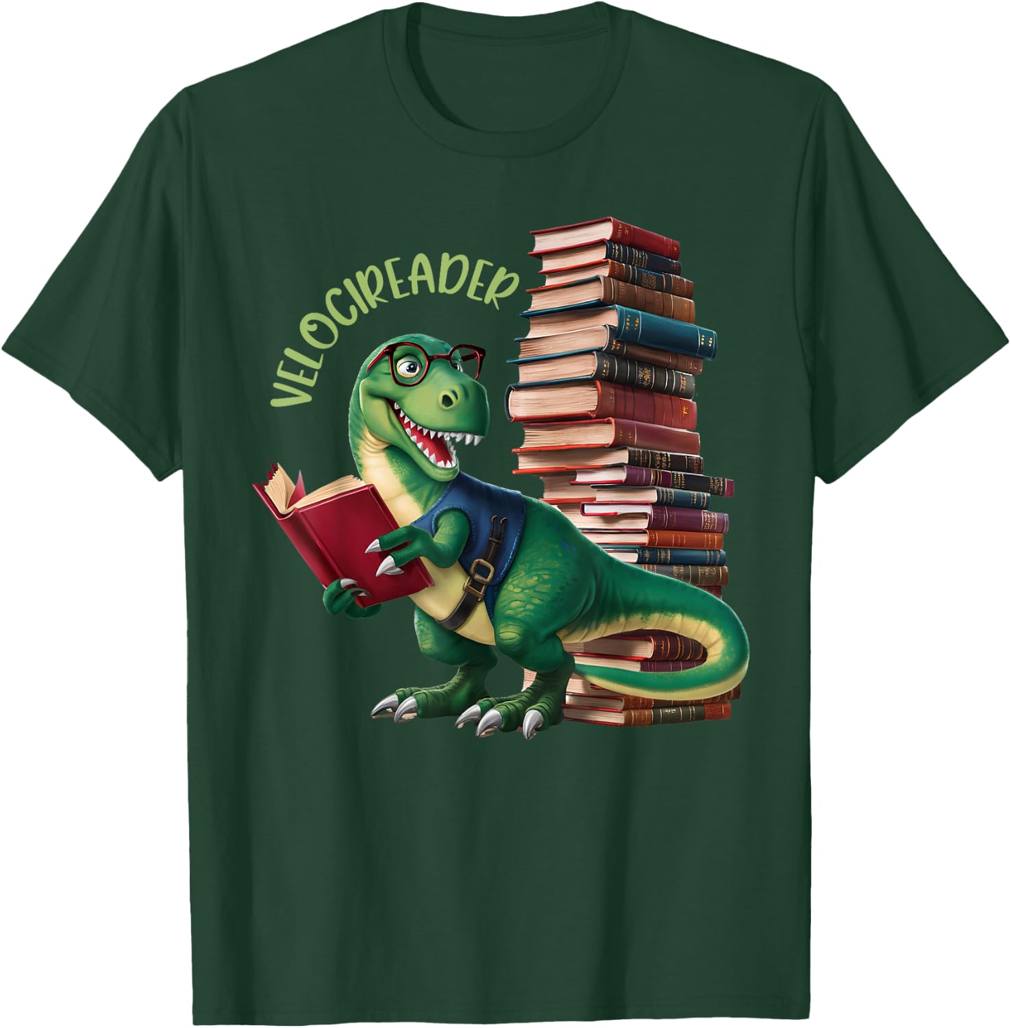 Velocireader Funny Velociraptor Dinosaur Reading T-Shirt - T-Shirt | Forest