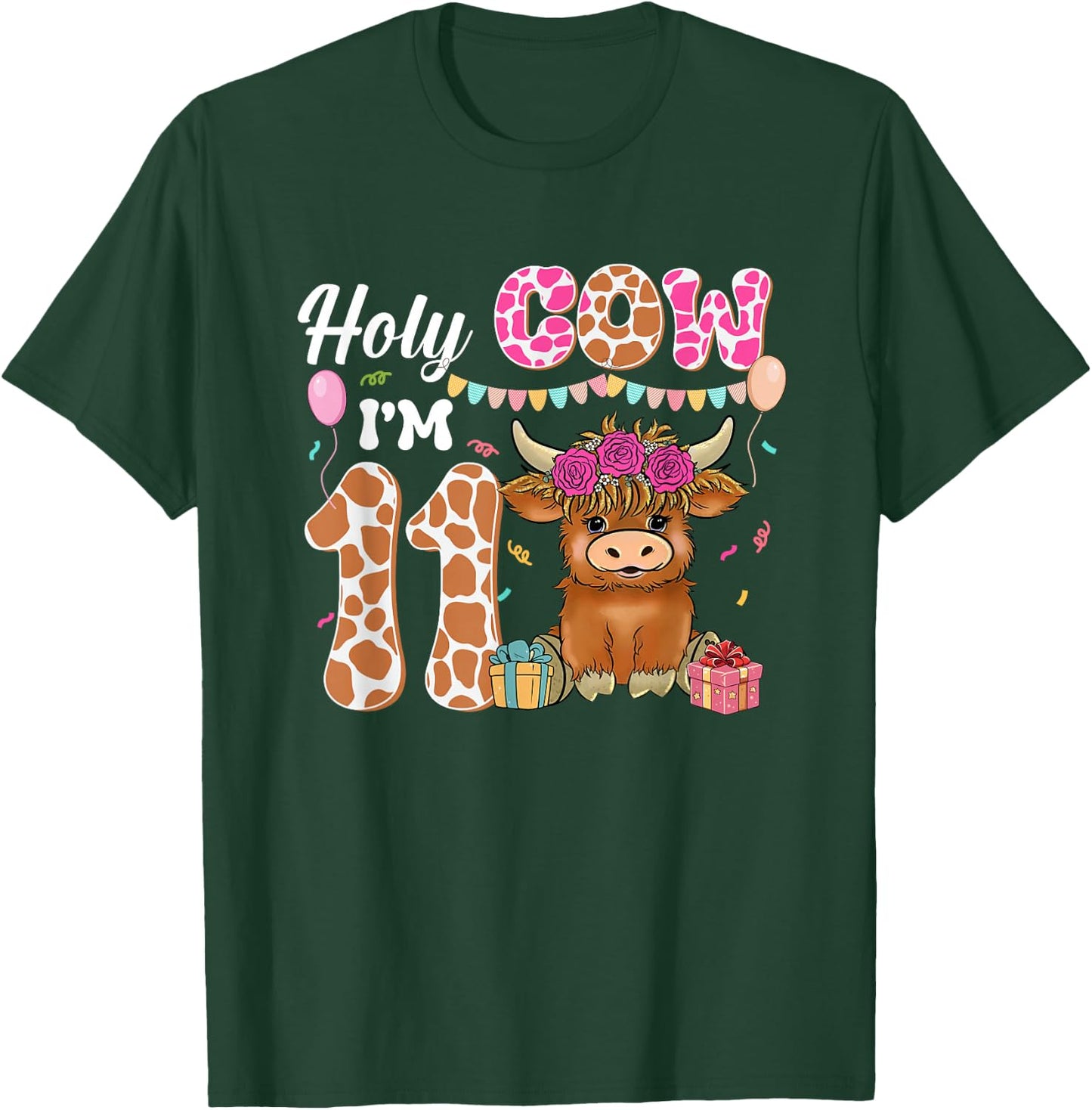 Holy Cow I'm 11 Highland Cow Farm 11th Birthday 11 Years Old T-Shirt - T-Shirt | Forest