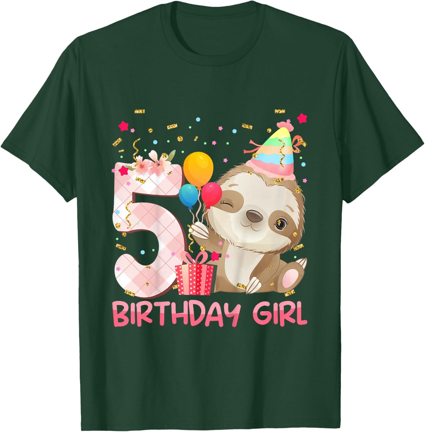 5 Year Old Sloth Girl Party Cute Sloth Lover 5th Birthday T-Shirt - T-Shirt | Forest