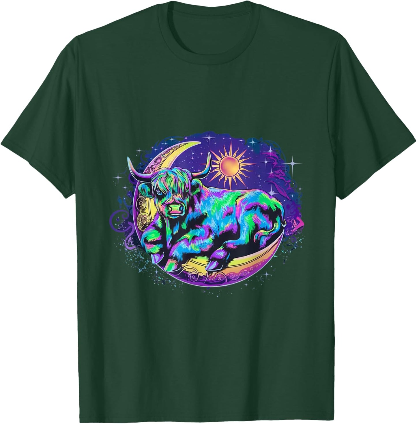 Dreamy Highland Cow Lounging on Crescent Moon Cow Over Moon T-Shirt - T-Shirt | Forest