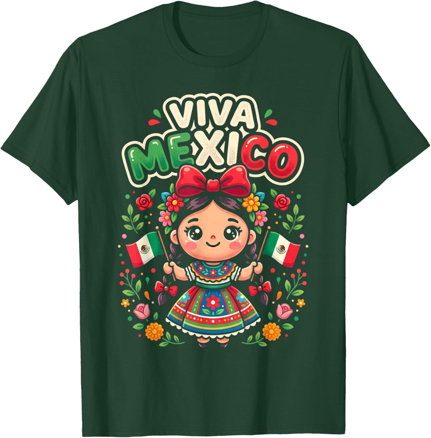 Viva Mexico Mexican Girl Flag Independence Day Girls Kids T-Shirt - T-Shirt | Forest