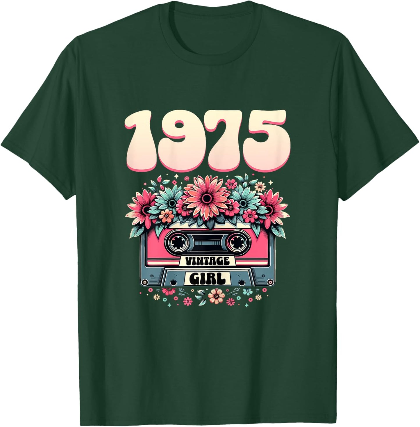 Cassette Rétro Femme 50 ans 1975 Cadeau Ladies 50th Birthday 1975 Retro Cassette Design Black with Flowers T-Shirt - T-Shirt | Forest