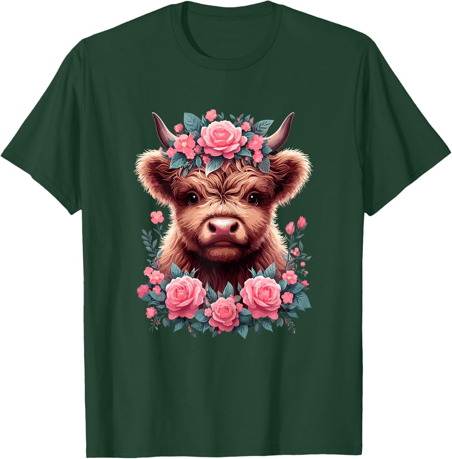 Highland Cow Roses Cute Floral Cow Lover T-Shirt - T-Shirt | Forest