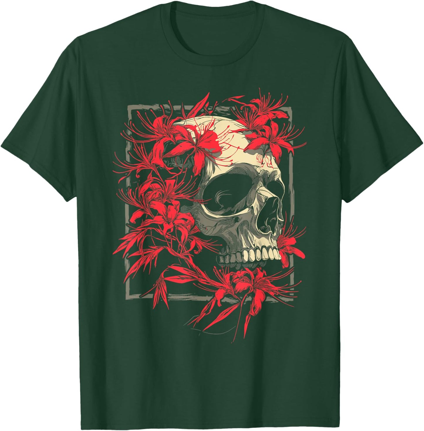 Red Spider Lily Flower Skull Skeleton Japanese Anime Otaku T-Shirt - T-Shirt | Forest