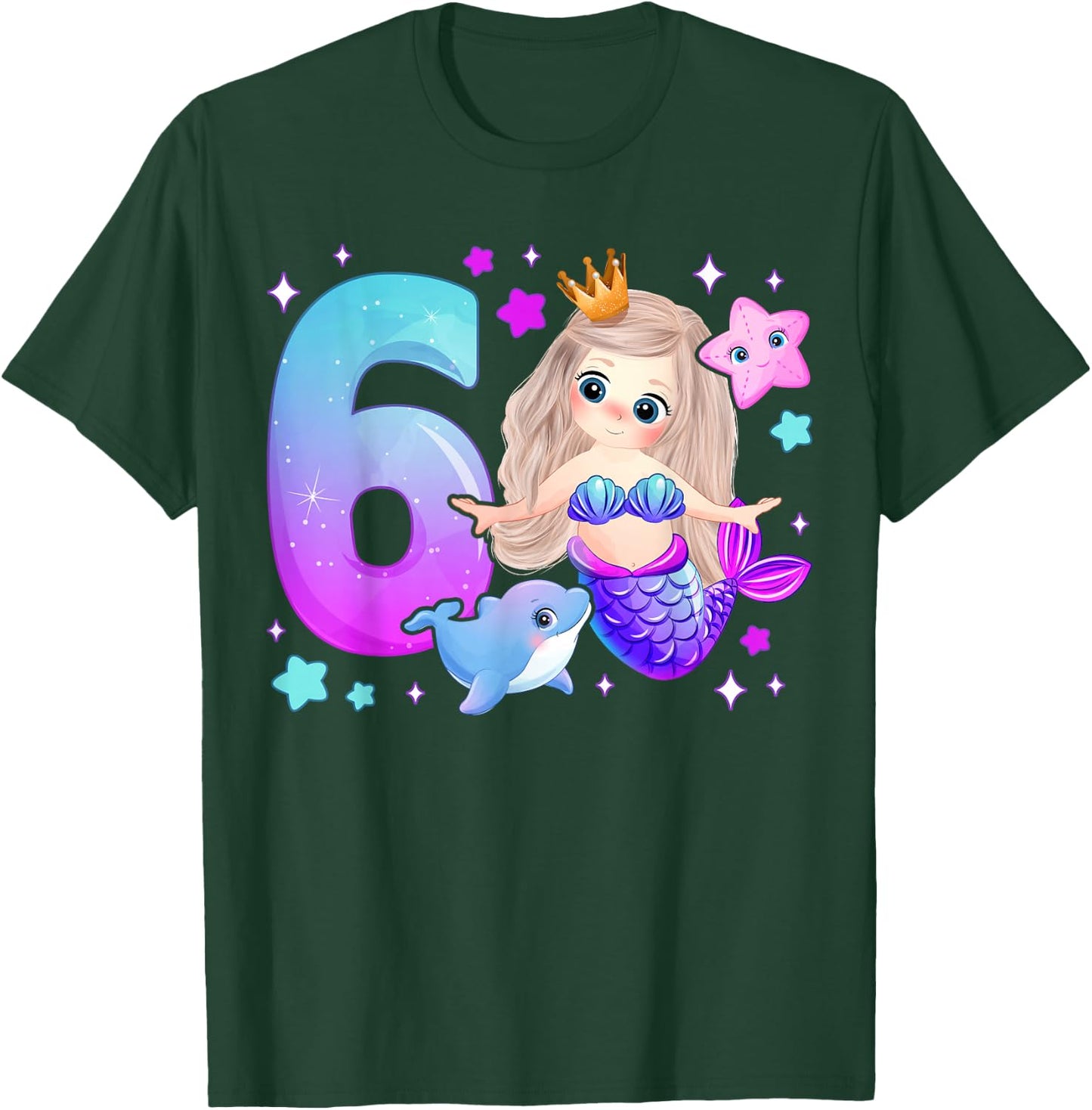 6th Birthday Girl 6 Years, Mermaid, Number 6 T-Shirt - T-Shirt | Forest