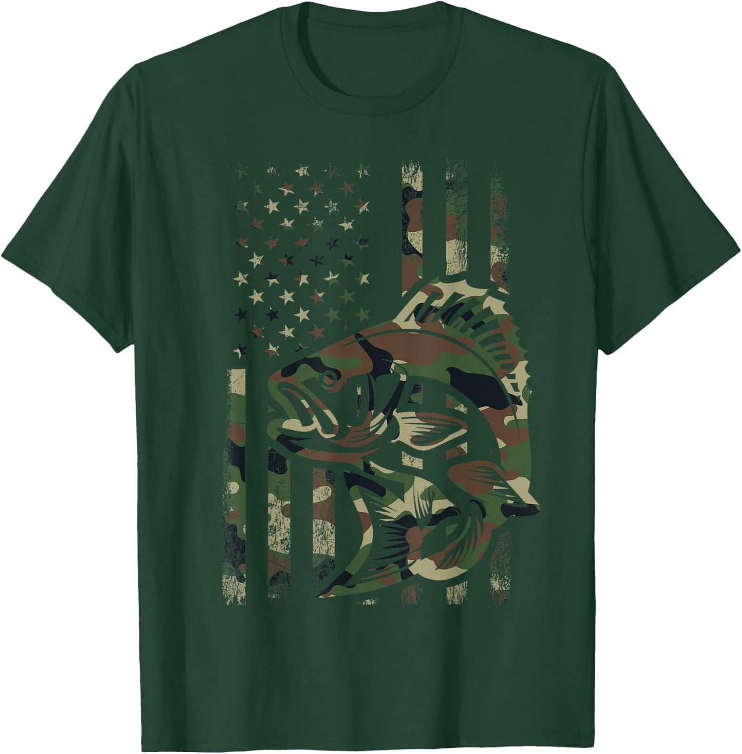 Camo Fishing Men Boys American Flag Bass Fishing T-Shirt - T-Shirt | Forest