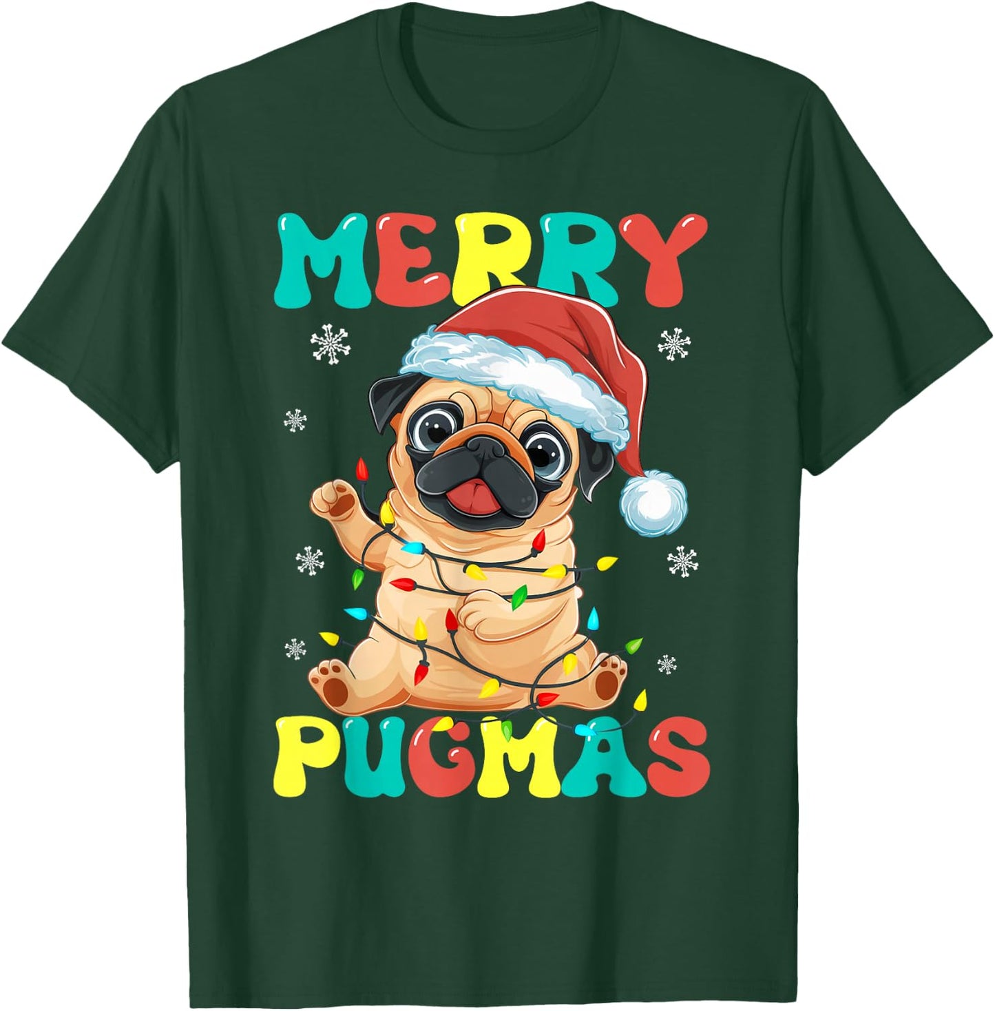 Merry Pugmas Pug Christmas Santa Pug Xmas Lights Dog Lover T-Shirt - T-Shirt | Forest