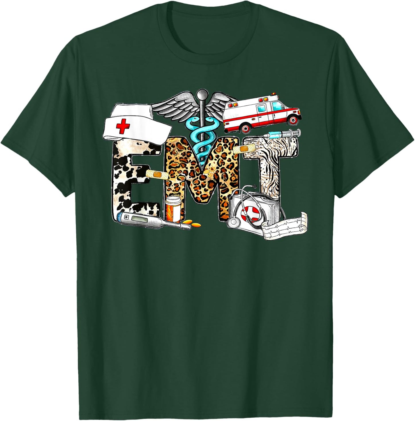 Retro Leopard EMT Emergency Medical Technician Paramedic T-Shirt - T-Shirt | Forest