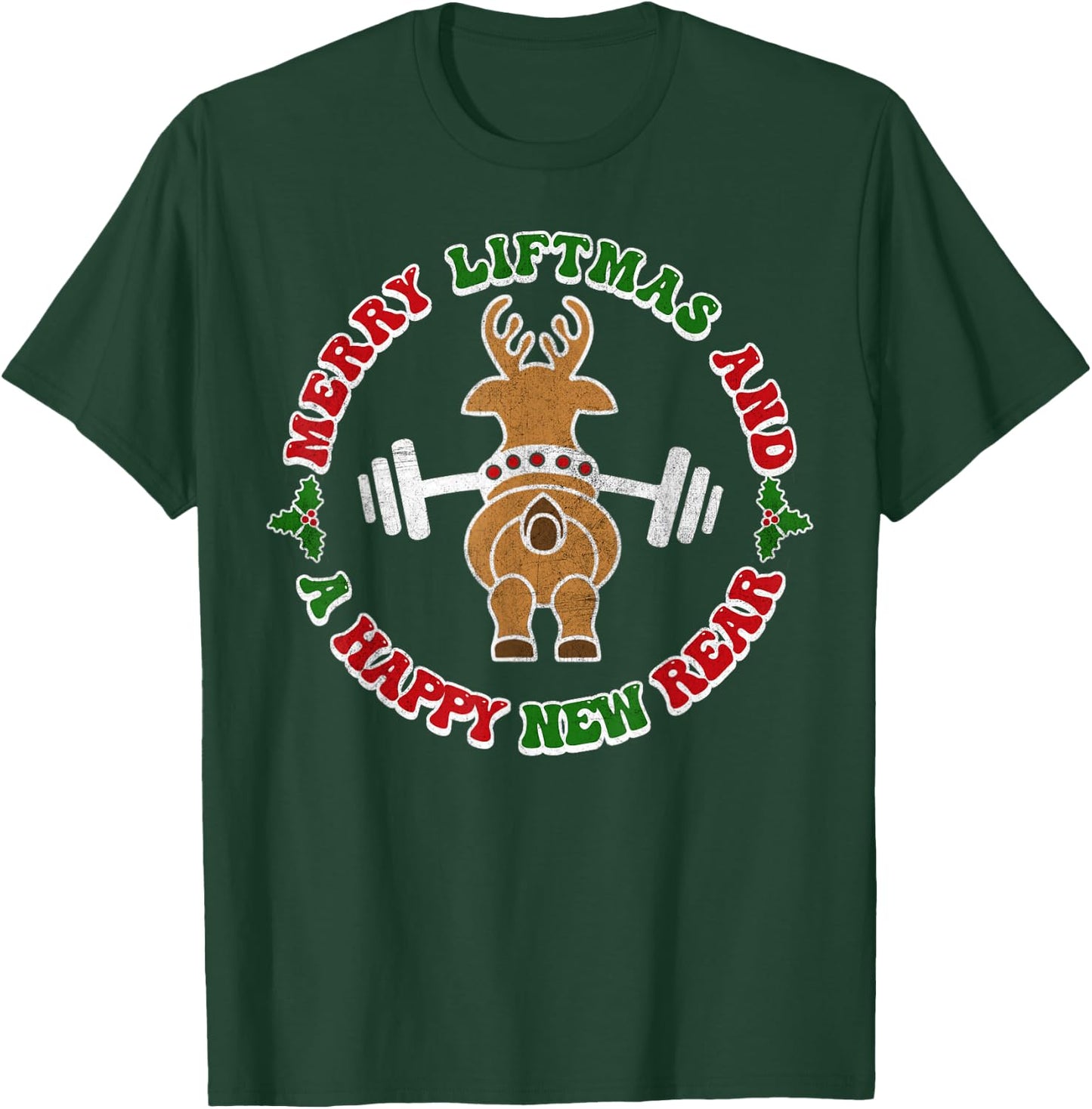 Retro Christmas Shirt Merry Liftmas and A Happy New Rear T-Shirt - T-Shirt | Forest