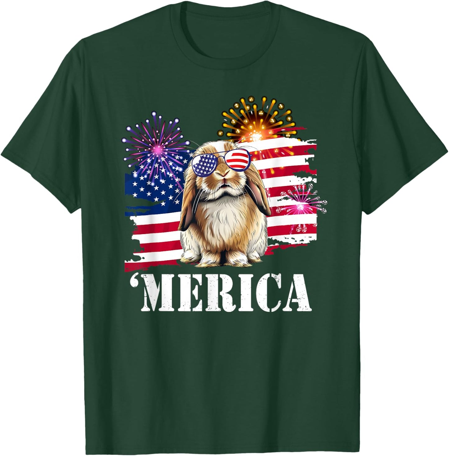 USA Flag 4th July Merica Mini Holland Lop Bunny Rabbit Lover T-Shirt - T-Shirt | Forest
