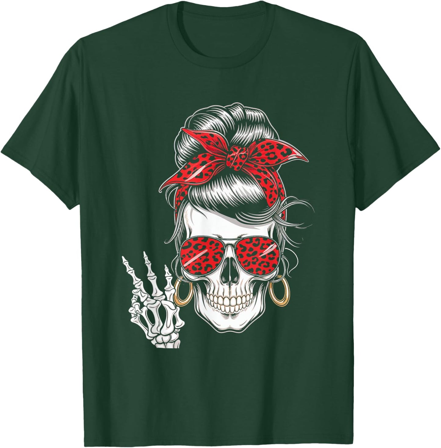 Messy Bun Skeleton Skull Leopard Bandana Fashion T-Shirt - T-Shirt | Forest
