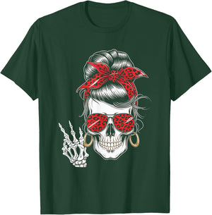 Messy Bun Skeleton Skull Leopard Bandana Fashion T-Shirt - T-Shirt | Forest