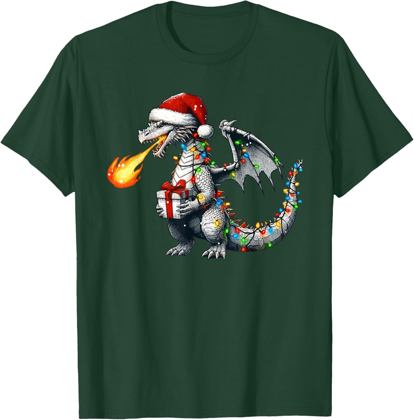 Dragon Wearing Santa Hat Holding A Present Box Xmas T-Shirt - T-Shirt | Forest