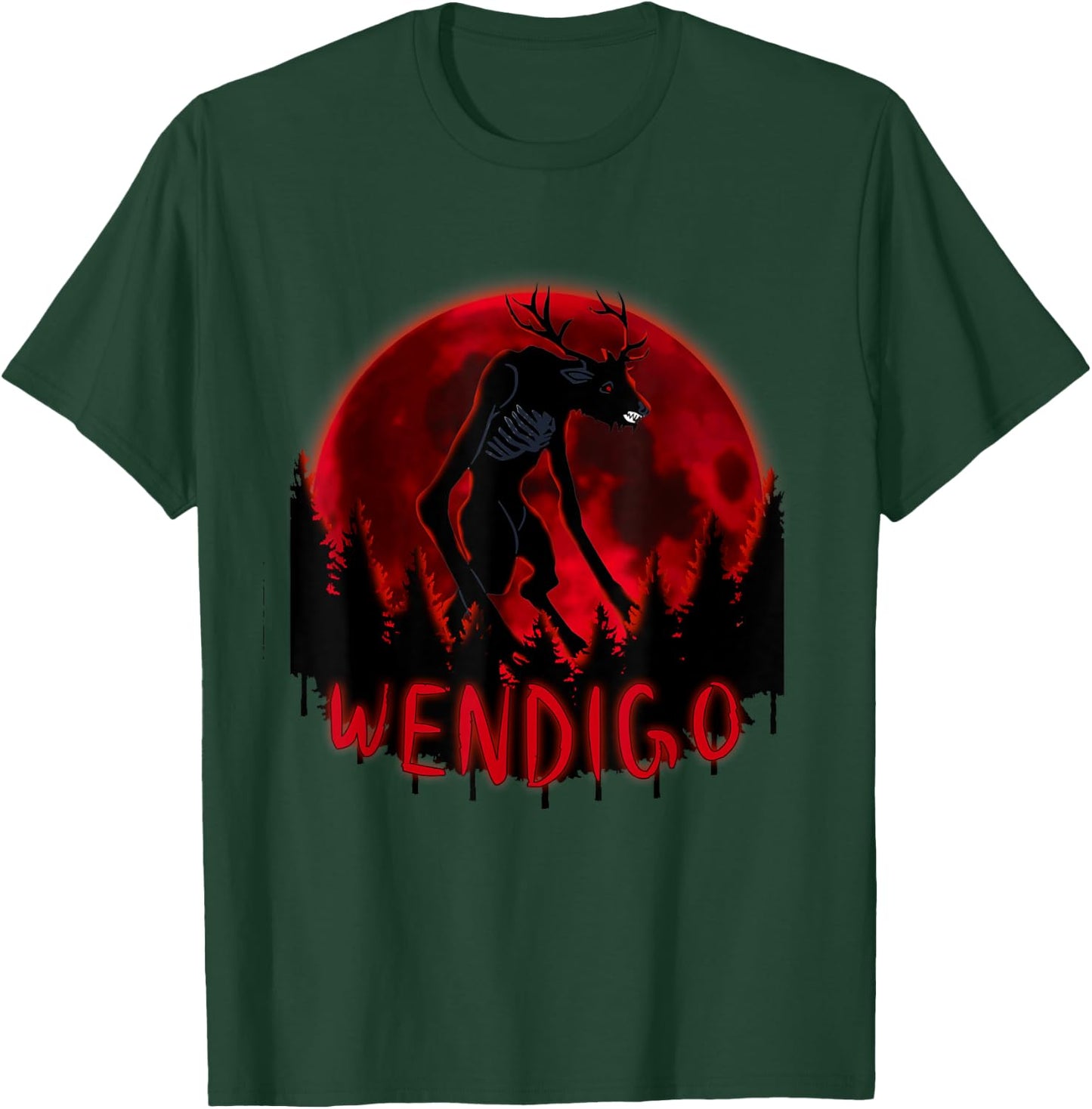 Red Full Moon in a ghost forest Wendigo Folklore T-Shirt - T-Shirt | Forest