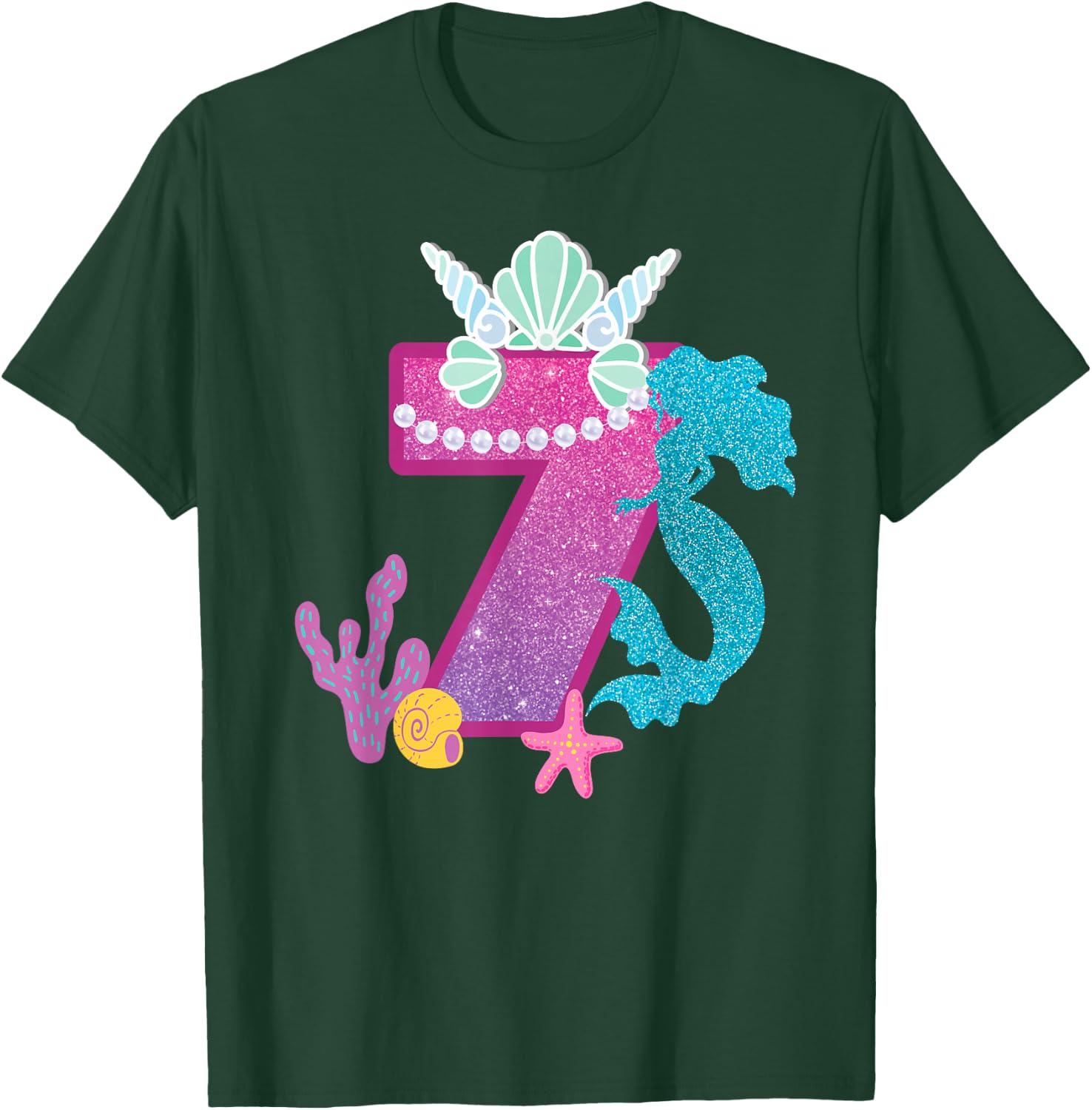 7th Birthday Shirt Under the Sea Party Mermaid Shells Shirt T-Shirt - T-Shirt | Forest
