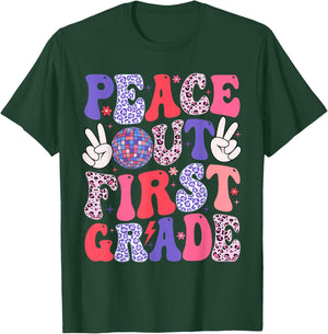 Peace Out First Grade Happy Last Day Of School Groovy Retro T-Shirt - T-Shirt | Forest