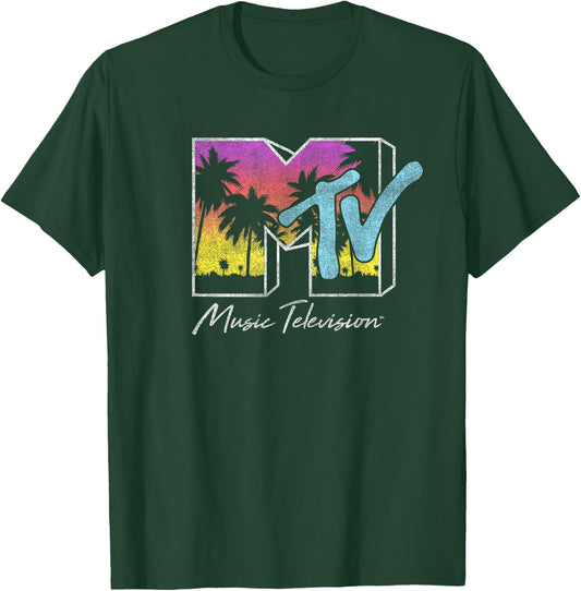 MTV Tropical Palm Tree Sunset Logo , black T-Shirt - T-Shirt | Forest