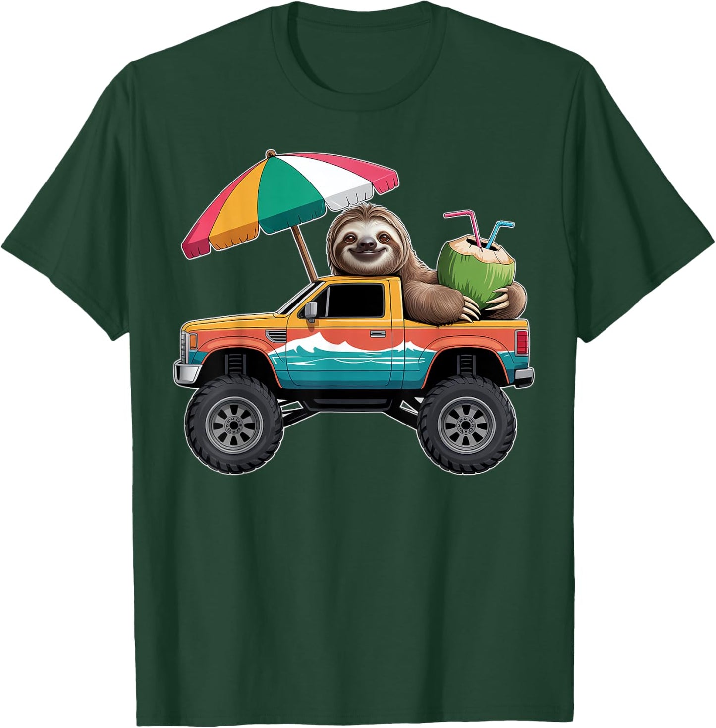 Cute Sloth Monster Truck with Coconut T-Shirt - T-Shirt | Forest