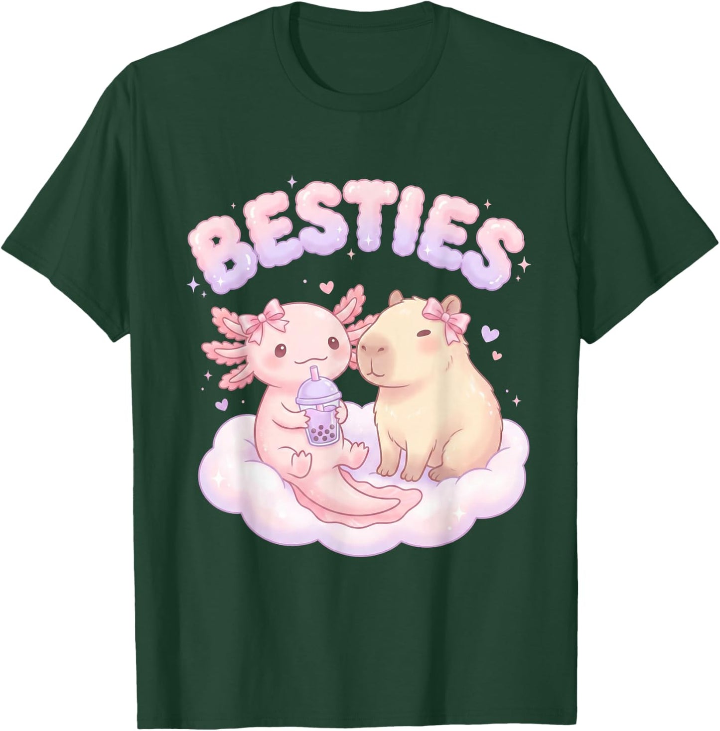 Besties Axolotl Capybara Bubble Tea Cute Kawaii Anime Tier T-Shirt - T-Shirt | Forest