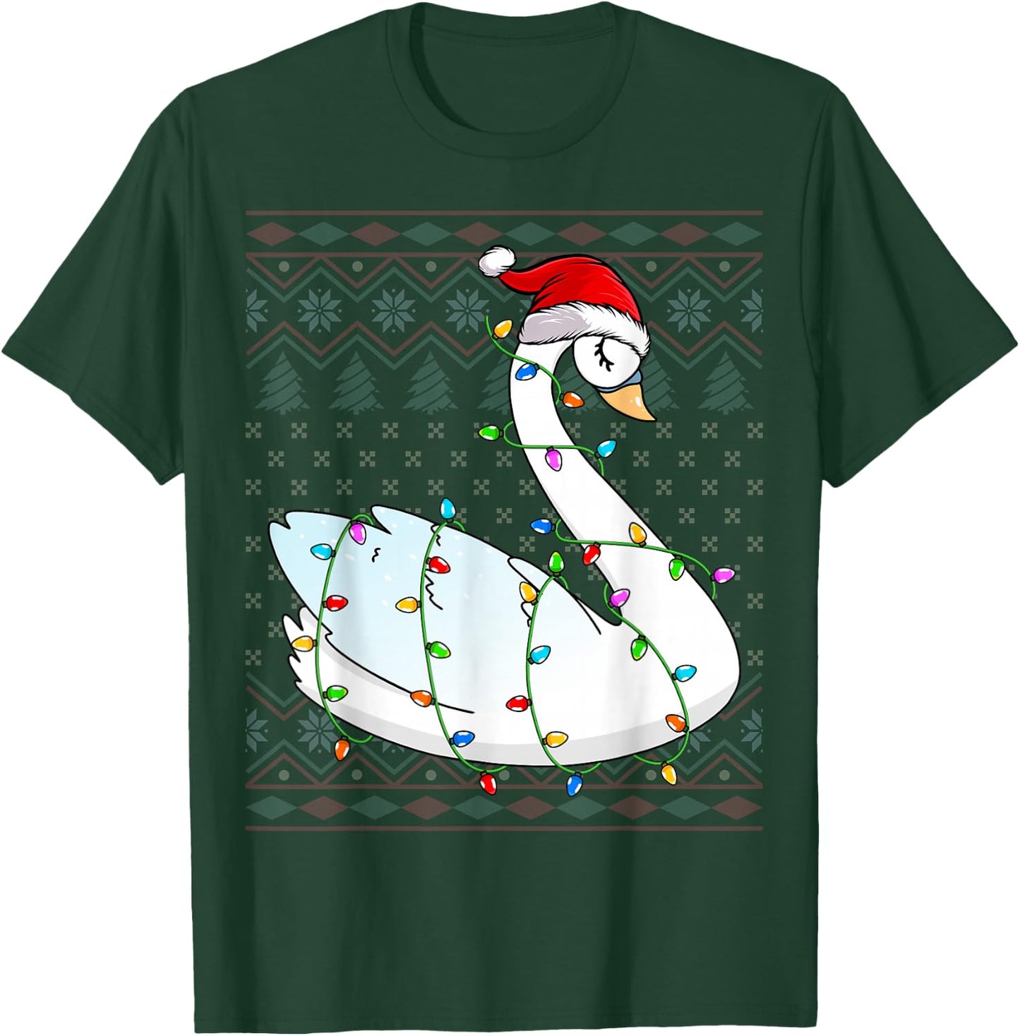Swans Xmas Lighting Santa Hat Swans Lover Ugly Christmas T-Shirt - T-Shirt | Forest
