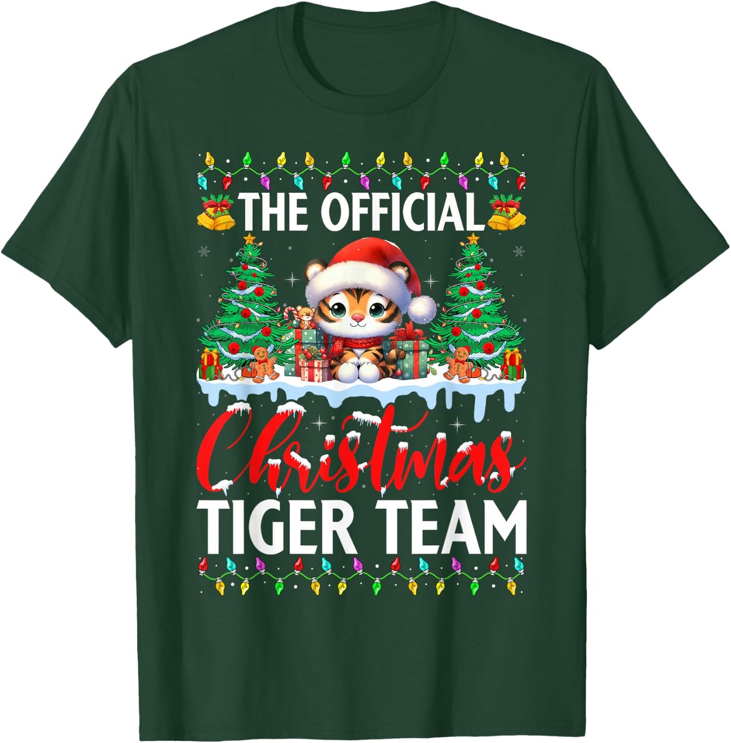 Cute Tiger Wearing Santa Hat Snow Xmas Christmas Tiger Team T-Shirt - T-Shirt | Forest