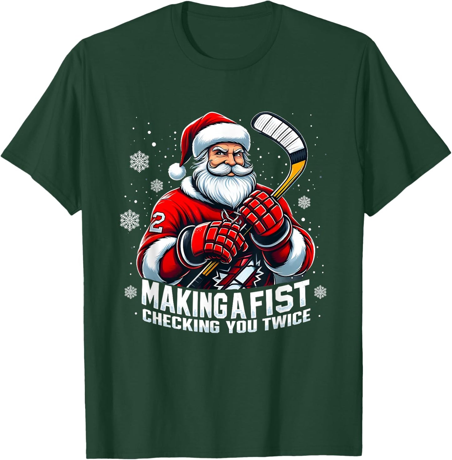 Xmas Santa Hockey Players Making A Fist Checking Your Twice T-Shirt - T-Shirt | Forest
