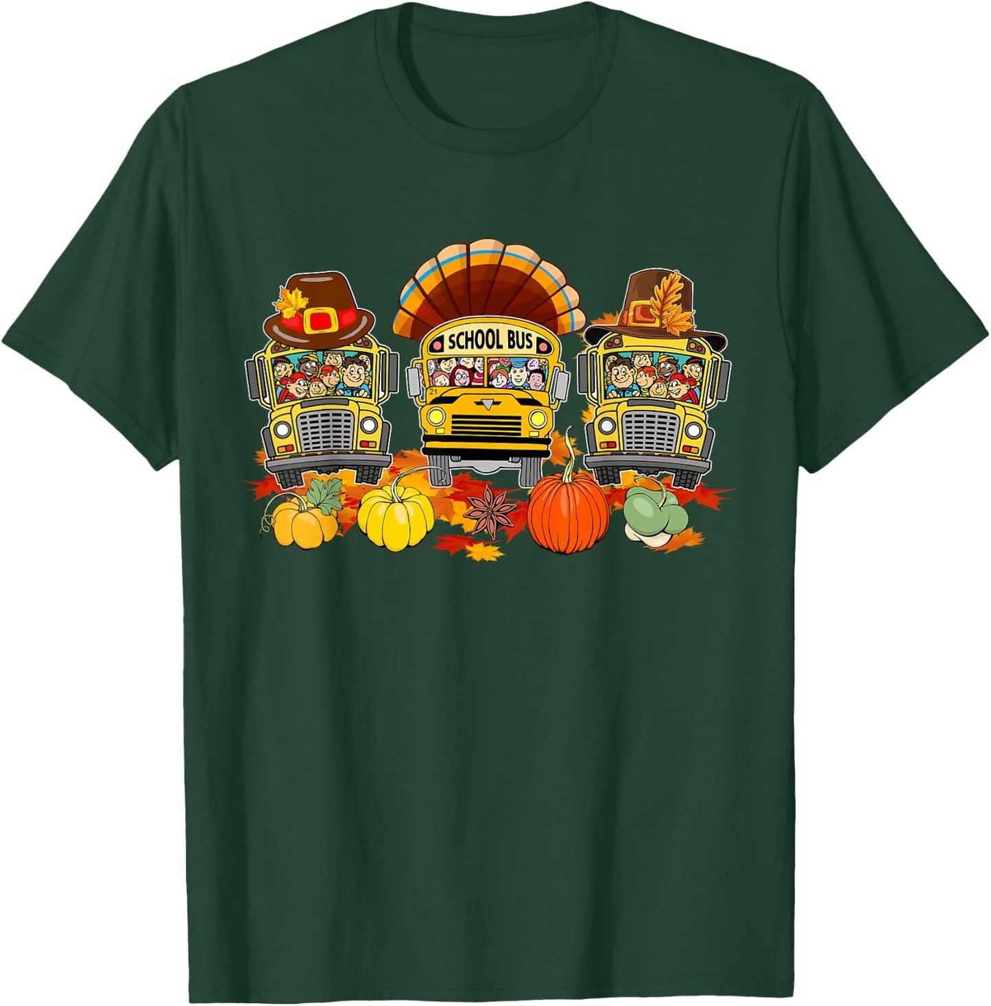 Thanksgiving Three Cute School Buses As Turkey Autumn Driver T-Shirt - T-Shirt | Forest