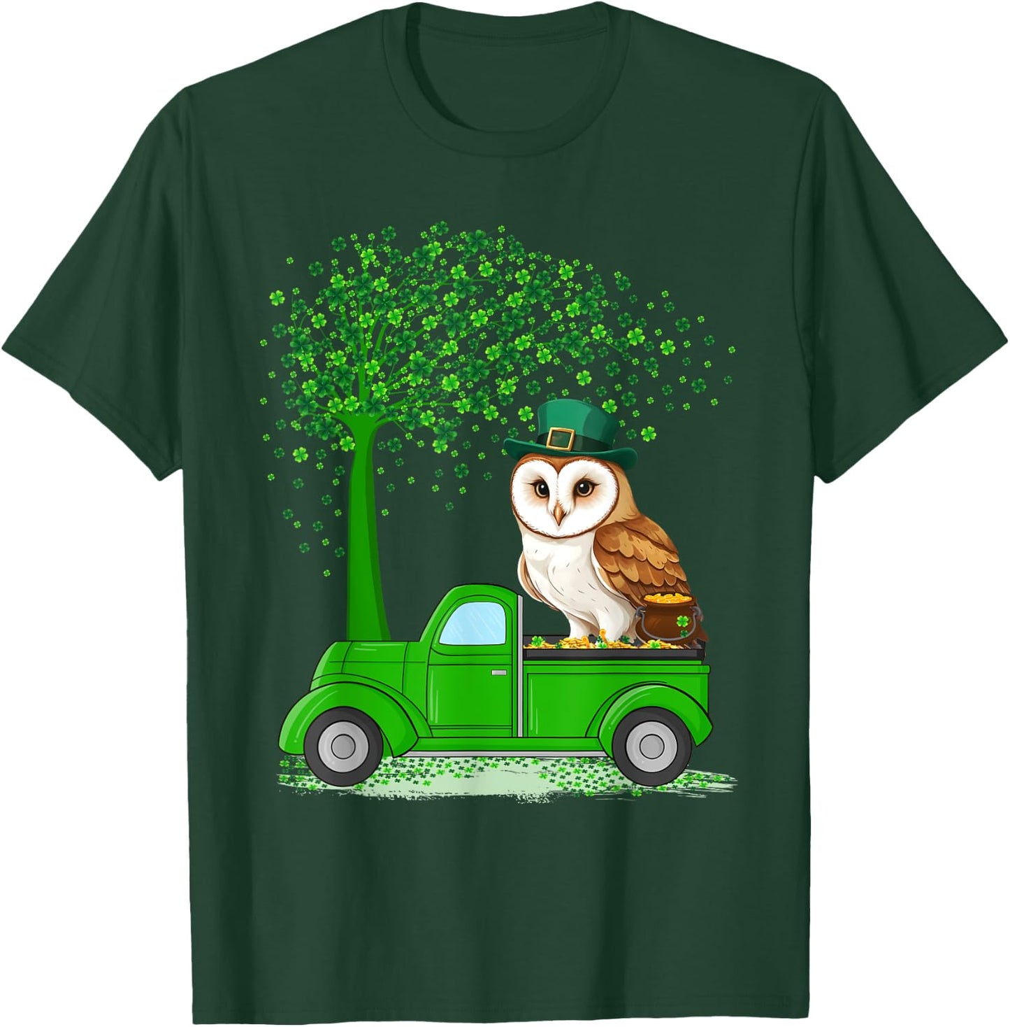 Irish Green Truck On Owl Bird St Patrick's Day Tree T-Shirt - T-Shirt | Forest
